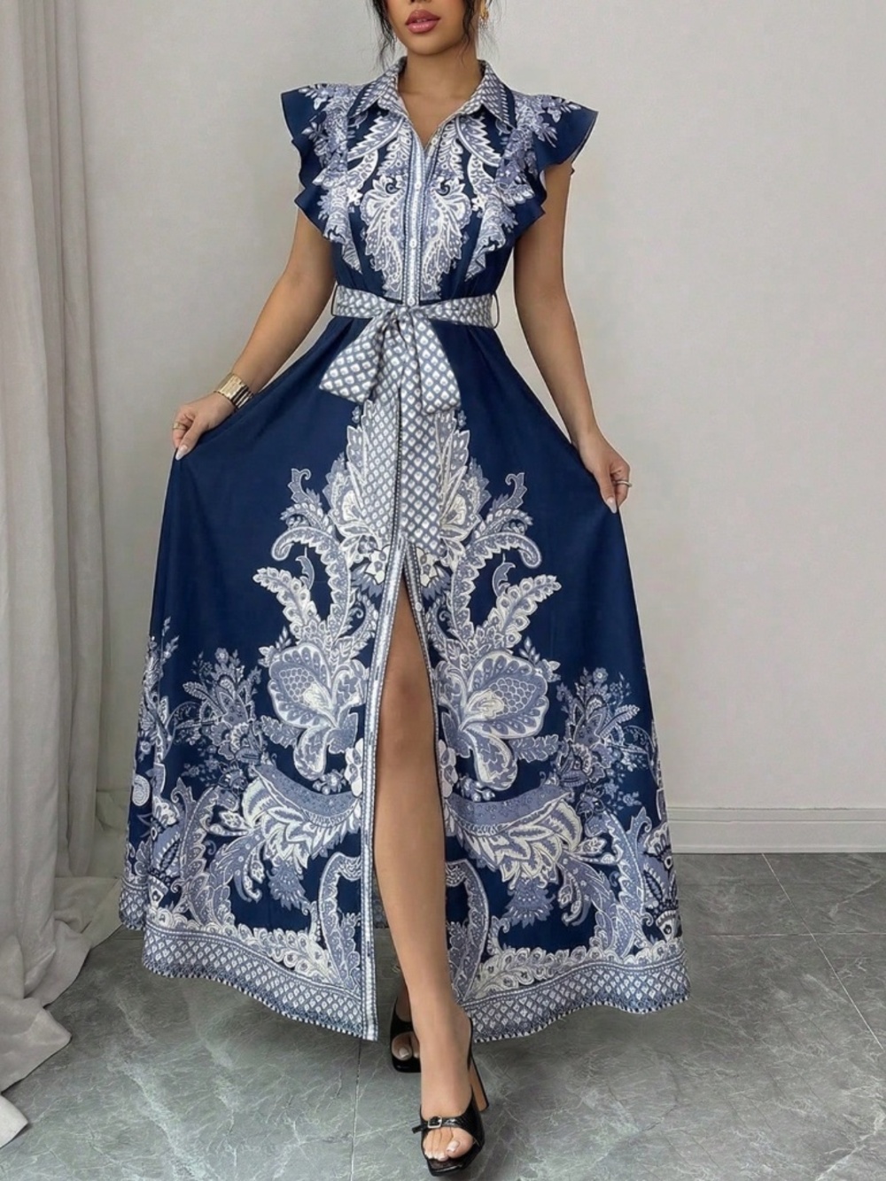 Boho Floral Print Button Down Ruffle Cap Sleeve Maxi Dress - Picture 2 of 4